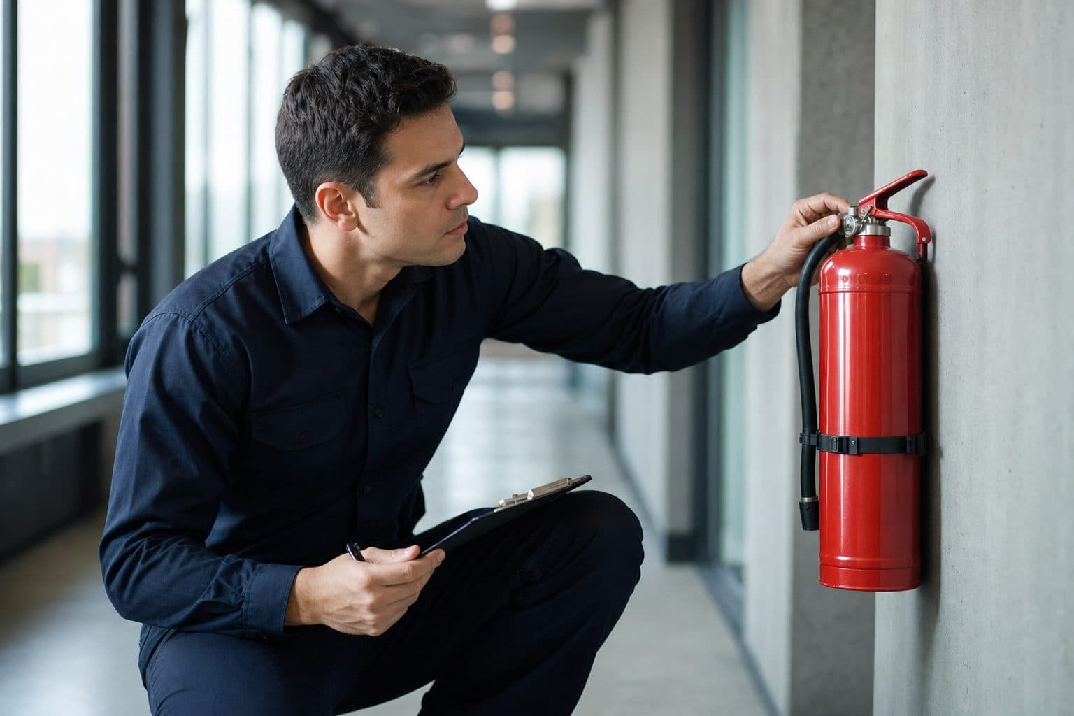Technician inspecting a wall-mounted fire extinguisher in a commercial building