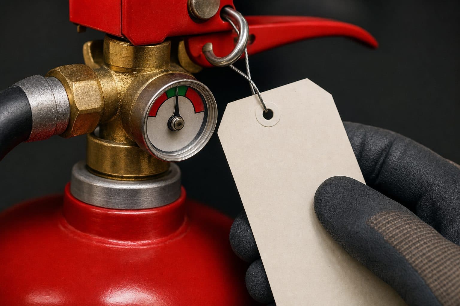 Close-up of a gloved hand checking an extinguisher pressure gauge and inspection tag