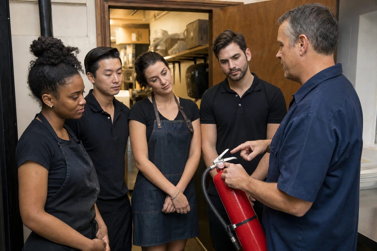 A technician showing restaurant staff how to check a fire extinguisher